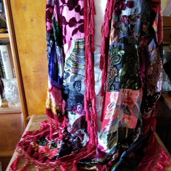 Midi PATCHWORK kimono VELVET SILK BLEND bead fringe COAT s/m - Picture 2 of 12